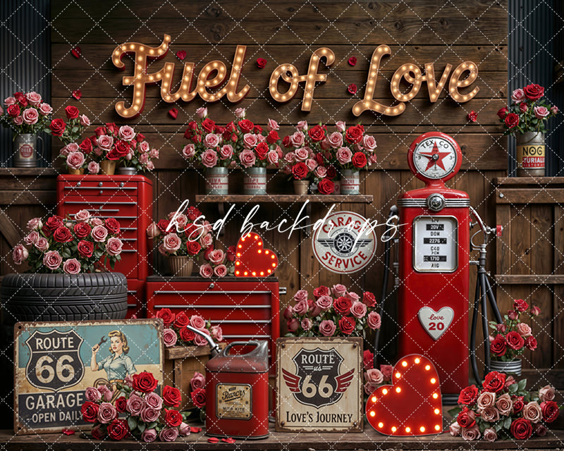 Fuel of Love – Valentine’s Day Garage Photo Backdrop
