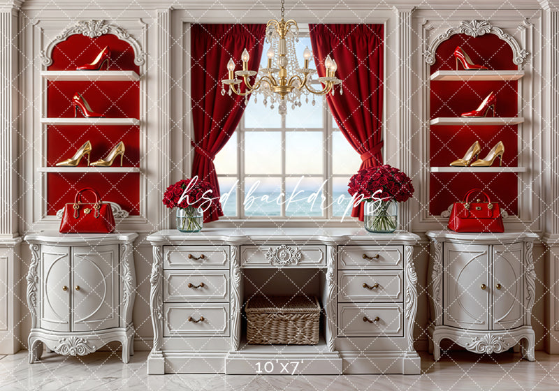 Scarlet Elegance vanity room photography backdrop with red velvet curtains, gold chandelier, and white ornate furniture for luxury portrait sessions.