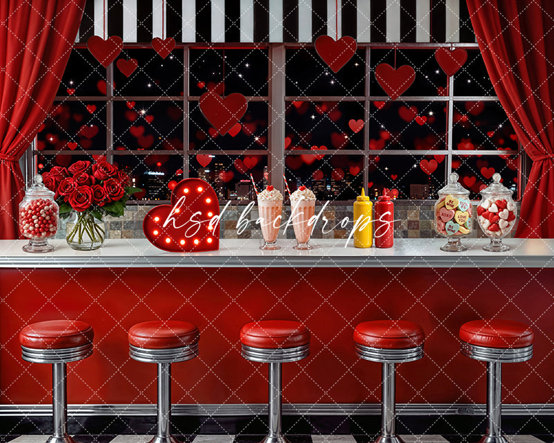 Retro Love Diner Window (Bokeh) – Valentine’s Day Backdrop