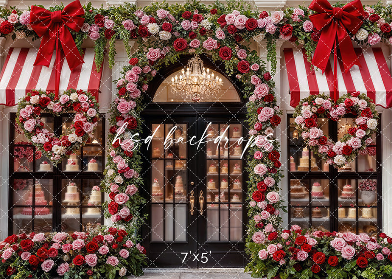 Parisian bakery storefront backdrop with roses, striped awnings, and heart wreaths for Valentine’s Day photography sessions.