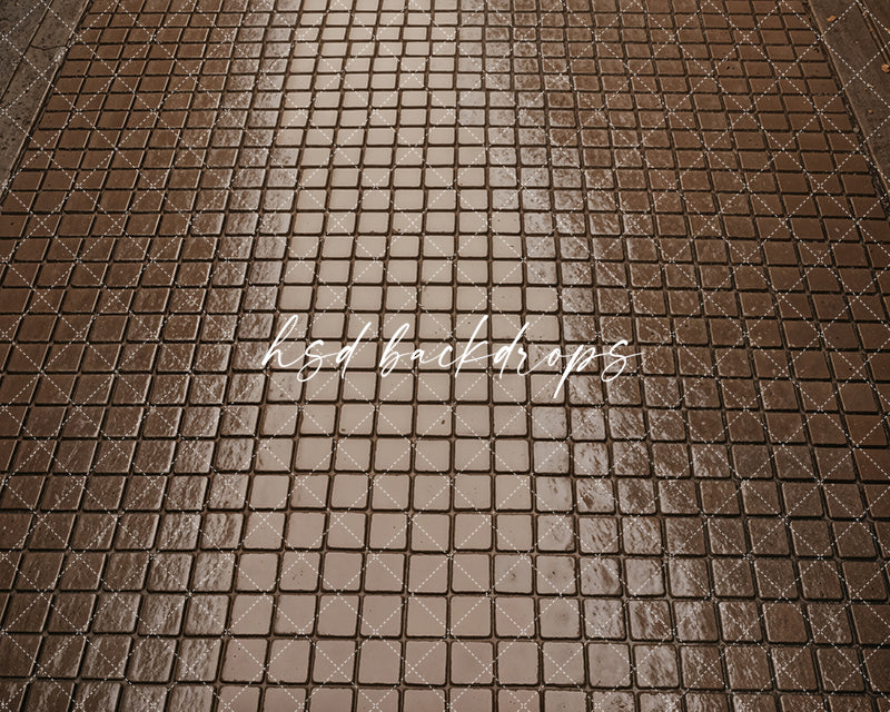 Wet cobblestone road photography floor photography floor mat with glossy stone texture and realistic water reflections for urban and portrait photography.