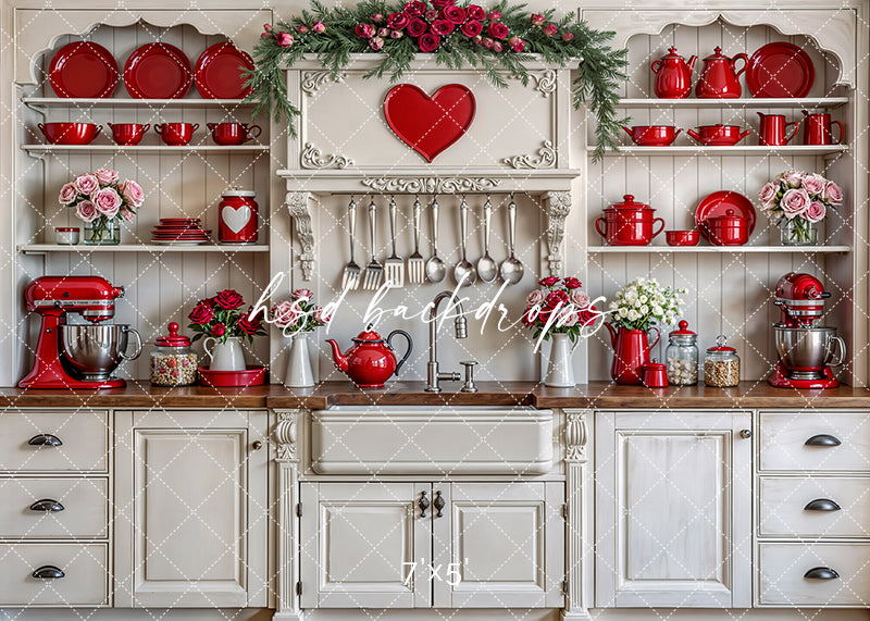 Add a touch of cozy romance to your Valentine’s photo sessions with the Cupid’s Cottage Kitchen Backdrop, featuring red accents, heart décor, and vintage charm.