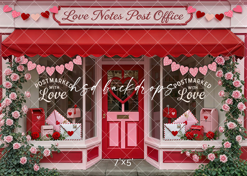Valentine’s post office backdrop with pink and red storefront, heart garlands, roses, and love letters