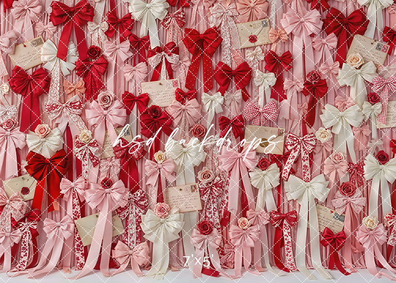 Valentine’s Day backdrop with layered lace bows, satin ribbons, roses, and vintage love letters in red, pink, and ivory tones.
