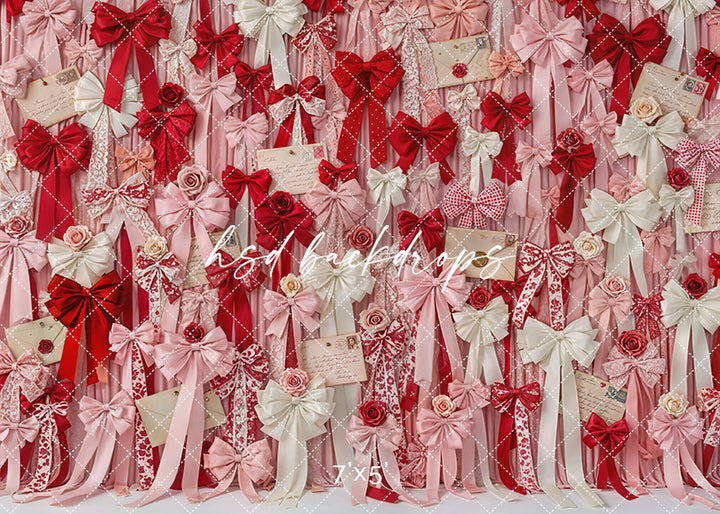 Valentine’s Day backdrop with layered lace bows, satin ribbons, roses, and vintage love letters in red, pink, and ivory tones.