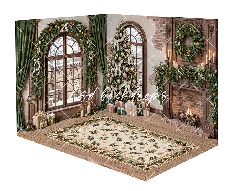 Ivory Ribbon Christmas Fireplace Room Photography Backdrop featuring arched winter windows, soft green curtains, rustic fireplace, decorated Christmas tree, ivory ribbon accents, garland, wrapped gifts, candlelight, and a neutral holiday rug.