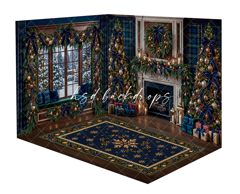 Navy Plaid Christmas Fireplace Room Photography Backdrop featuring a snowy window seat, navy plaid accents, white fireplace mantel, decorated Christmas trees, festive garland, glowing lanterns, wrapped gifts, and a navy holiday rug.