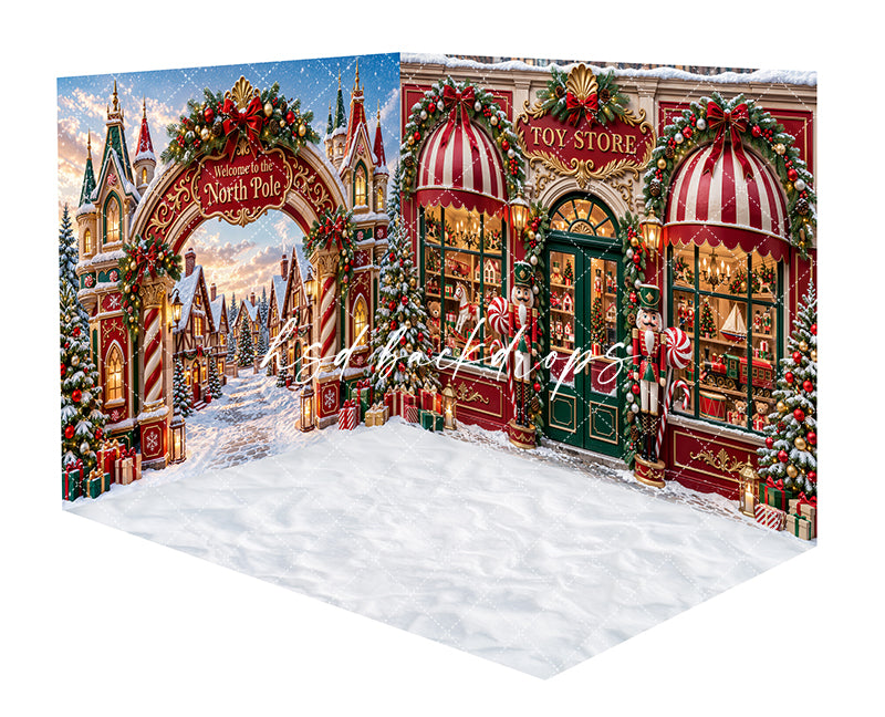 Nutcracker Christmas Toy Shop Room Photography Backdrop featuring a magical North Pole village with an ornate Christmas gateway, red toy shop storefront, candy cane columns, nutcracker soldiers, glowing windows, festive garland, decorated trees, and snowy floor.