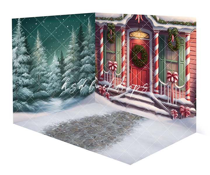 Christmas Candy Cane Gingerbread House Backdrop Room
