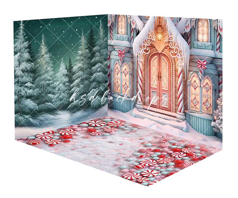 Pastel Christmas Gingerbread House Backdrop Room - CHS49473