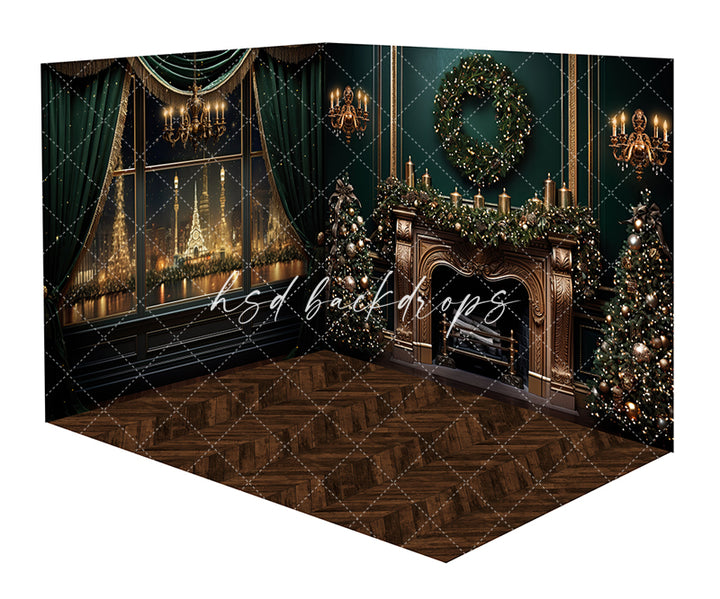 Elegant Christmas Fireplace Photo Backdrop and Floor Combo - CHS50304