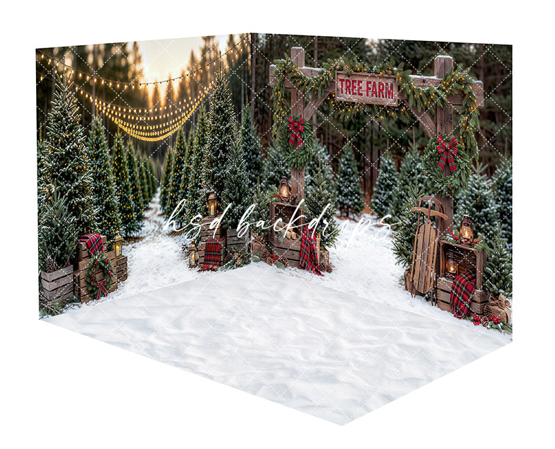Plaid Wreath Tree Farm Room Photography Backdrop featuring snowy Christmas trees, red plaid wreaths, rustic wooden gate, lanterns, sled decor, and glowing string lights for holiday portrait photography.