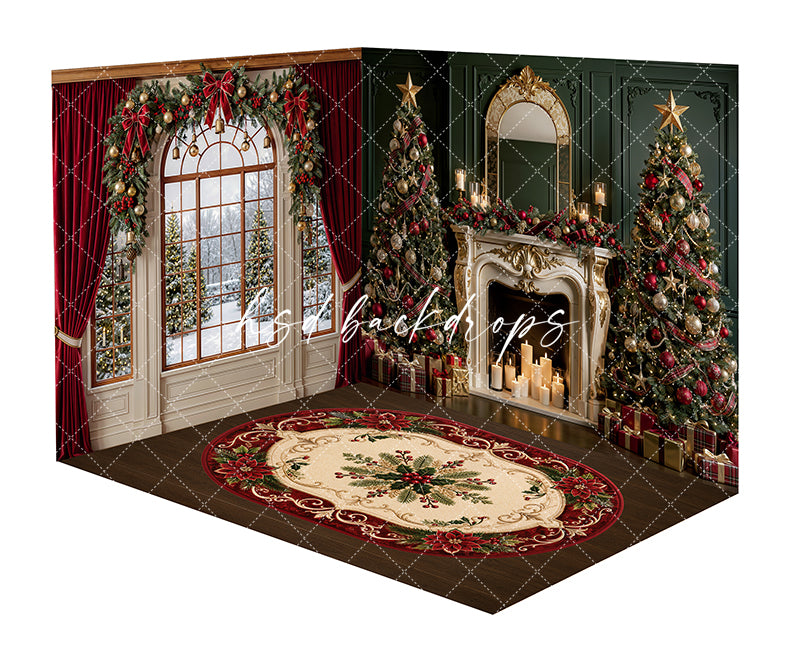 Yuletide Tartan Hearth Room Photography Backdrop featuring red velvet curtains, emerald paneled walls, ornate fireplace mantel, glowing candles, decorated Christmas trees, wrapped gifts, and a red holiday rug for elegant Christmas portraits.