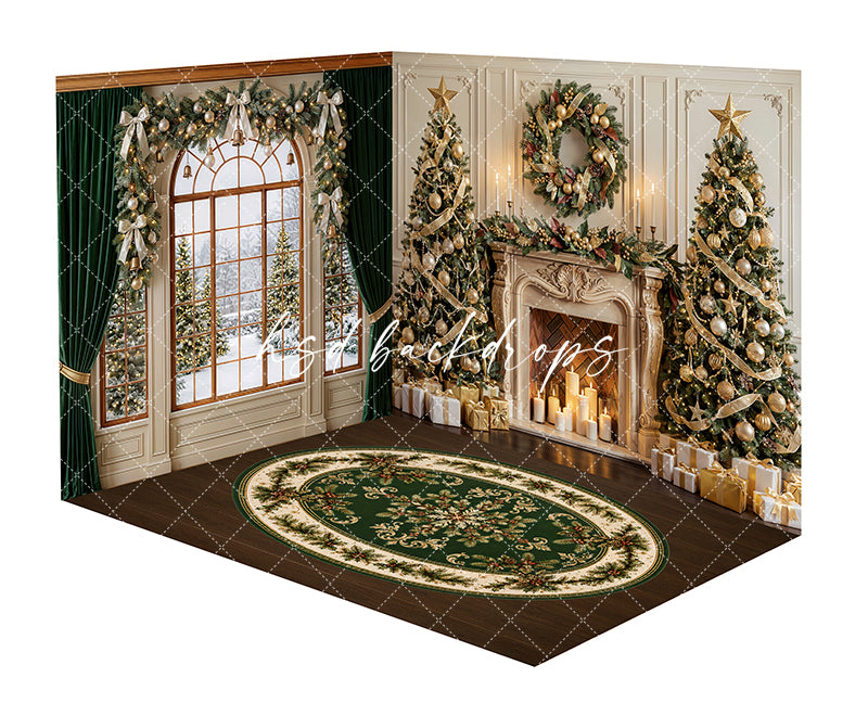 Golden Wreath Christmas Fireplace Room Photography Backdrop featuring green velvet curtains, ornate fireplace mantel, golden wreath, glowing candles, decorated Christmas trees, wrapped gifts, and an elegant holiday rug for Christmas portraits.