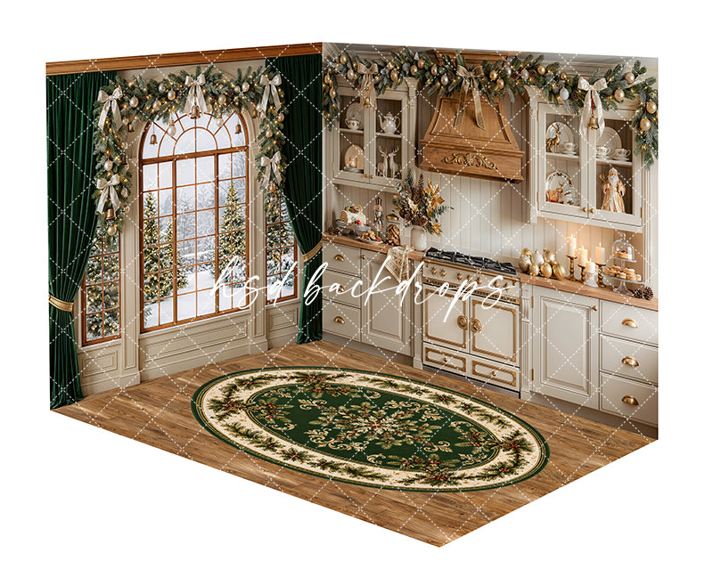 Christmas Kitchen Charm Room Photography Backdrop featuring green velvet curtains, an arched window, festive garland, styled kitchen cabinetry, gold accents, candles, warm lighting, and a coordinating holiday rug for Christmas portrait photography.