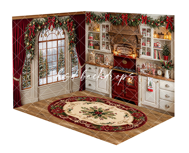 Holiday Cookie Kitchen Room Photography Backdrop featuring red velvet curtains, an arched window, festive garland, holiday shelving, cookie decor, red kitchen range, warm lantern lighting, and a Christmas rug for cozy holiday portraits.