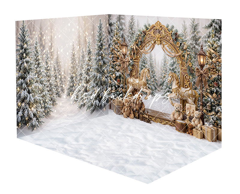 Snowy Carousel Arch Room Photography Backdrop featuring an ornate gold carousel arch, snowy evergreen trees, glowing lanterns, carousel horse accents, wrapped gifts, teddy bears, and a snowy winter forest scene for holiday portraits.