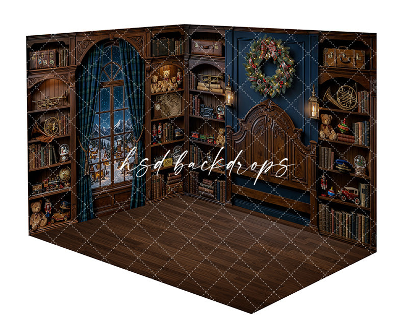 North Pole Express Room Photography Backdrop featuring a vintage Christmas train bedroom with a snowy arched window, train-inspired headboard, wood bookcases, festive wreath, toy trains, teddy bears, luggage accents, and warm holiday decor.