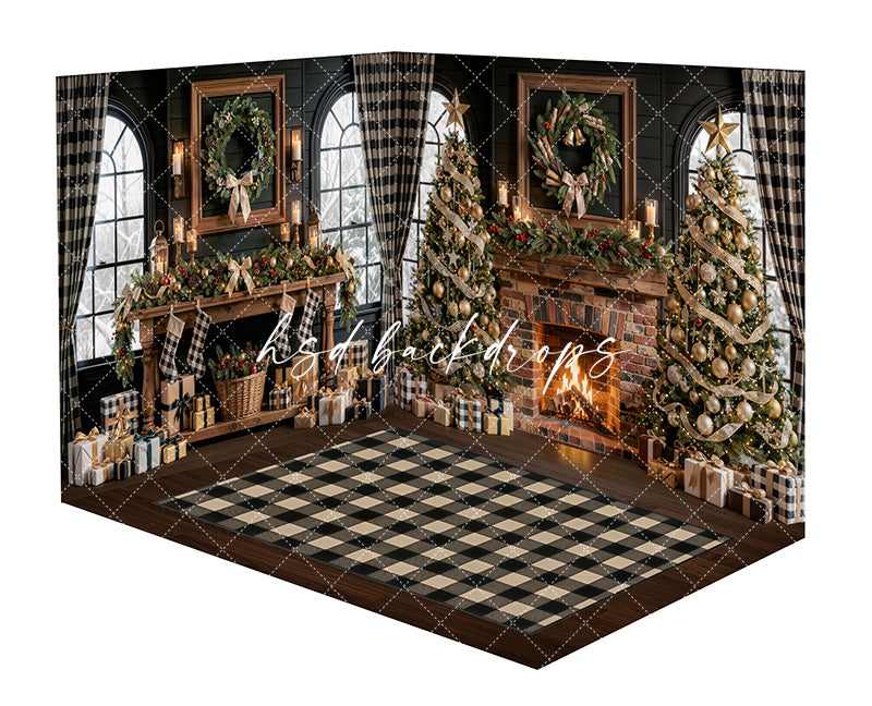 Noel Lodge Mantel Room Backdrop featuring a rustic brick fireplace, black and white buffalo plaid curtains, arched windows, decorated Christmas trees, garland, wrapped gifts, glowing candles, and a plaid floor for cozy holiday portraits.