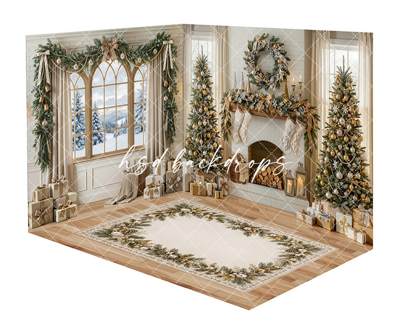 Ivory Noel Mantel Room Photography Backdrop featuring an elegant ivory Christmas interior with a fireplace mantel, snowy windows, decorated trees, stockings, garland, wrapped gifts, lanterns, and a neutral holiday rug for Christmas portraits.