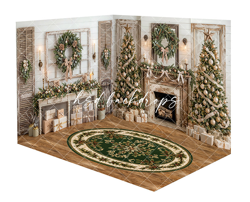 Frosted Farmhouse Fireplace Room Photography Backdrop featuring a rustic farmhouse Christmas room with shiplap walls, weathered shutters, decorated trees, fireplace mantel, garland, wrapped gifts, candlelight, and a green holiday rug.