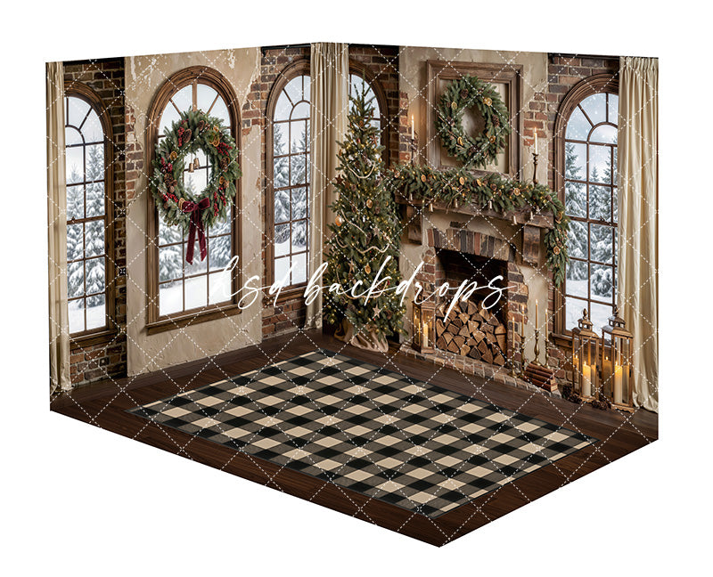 Citrus Hearth Christmas Room Photography Backdrop featuring arched snowy windows, a rustic brick fireplace, festive garland, wreath accents, decorated Christmas tree, lanterns, cream curtains, and a black and white plaid floor for cozy holiday portraits.