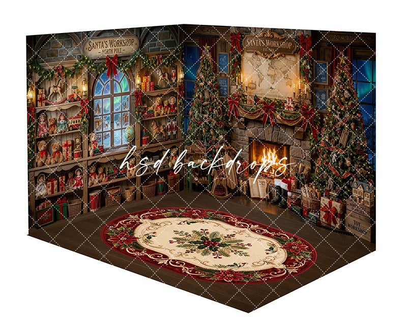 Toymaker Fireplace Room Photography Backdrop featuring Santa’s workshop signs, a glowing stone fireplace, toy shelves, decorated Christmas trees, garland, wrapped gifts, warm lighting, and a red holiday rug for Christmas portraits.