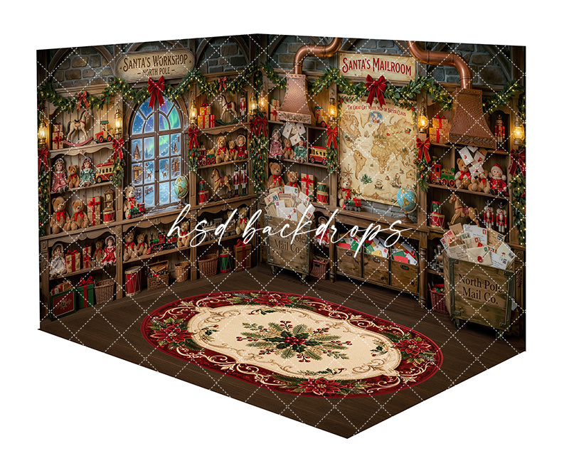 North Pole Postroom Room Photography Backdrop featuring Santa’s mailroom signs, toy shelves, mail carts, letter crates, festive garland, wrapped gifts, warm lantern lighting, and a red holiday rug for Christmas portraits.
