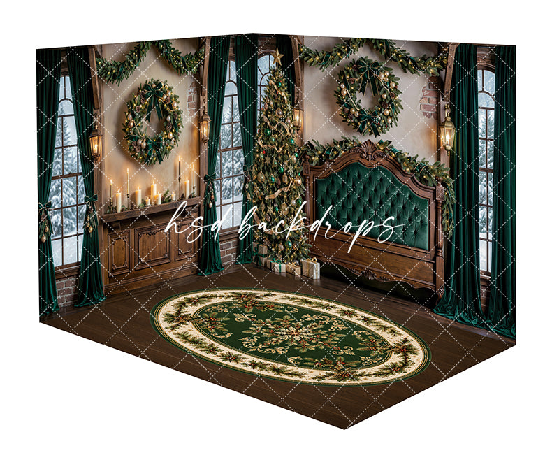 Evergreen Chateau Headboard Room Photography Backdrop featuring an emerald tufted headboard, arched windows, green velvet curtains, decorated Christmas trees, festive garland, wreaths, lanterns, wrapped gifts, and a holiday rug for Christmas portraits.