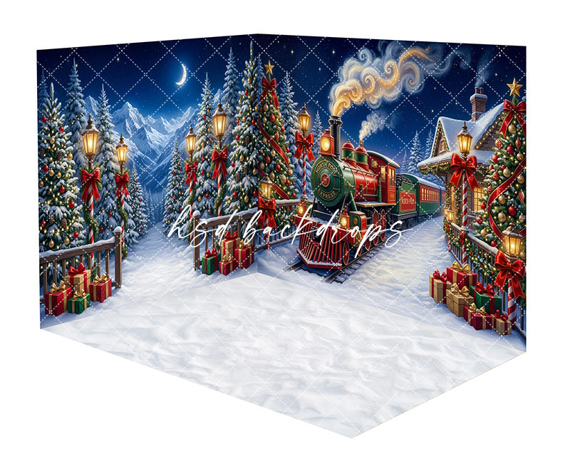 Candy Cane Christmas Train Room Photography Backdrop featuring a festive red holiday train, snowy mountain scenery, decorated Christmas trees, glowing lanterns, wrapped gifts, candy cane accents, and a snowy floor for magical holiday portraits.

