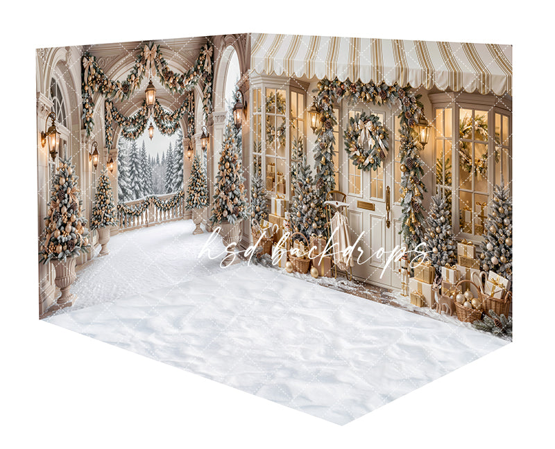 Winter Welcome Door Room Photography Backdrop featuring an elegant Christmas storefront with ivory doors, glowing windows, striped awning, snowy trees, festive garland, wreaths, lanterns, wrapped gifts, and snowy floor for holiday portraits.