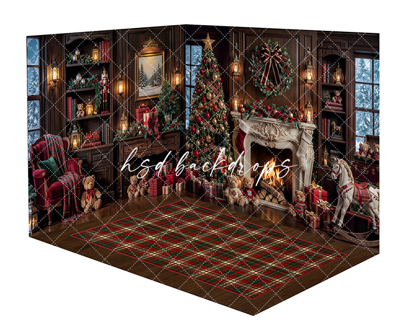 Rocking Horse Christmas Fireplace Room Photography Backdrop featuring a classic holiday library with wood bookshelves, glowing fireplace, decorated Christmas tree, plaid rug, cozy armchair, teddy bears, wrapped gifts, lanterns, and a rocking horse for Christmas portraits.