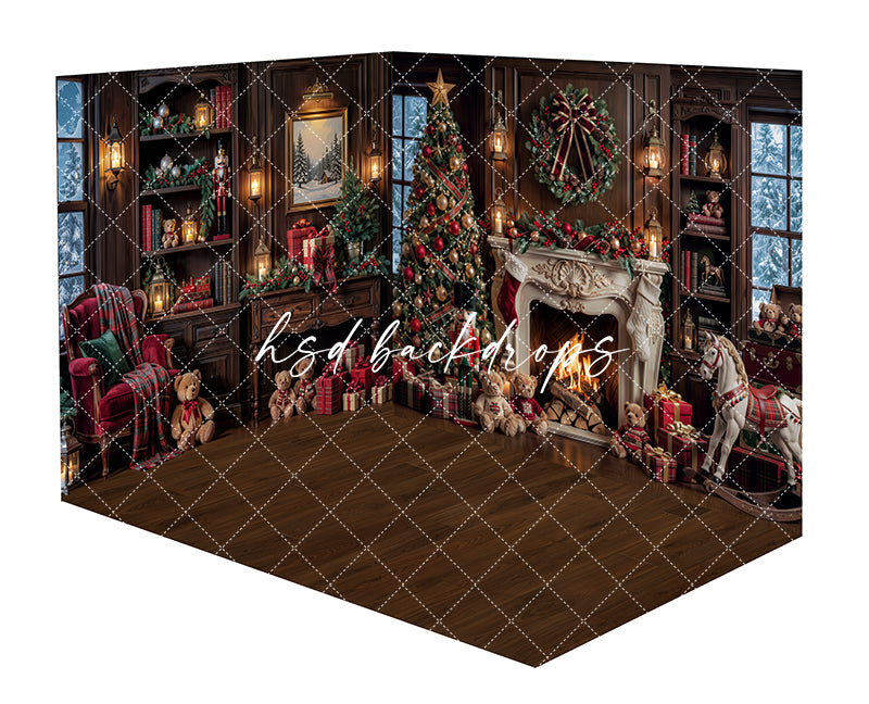 Rocking Horse Christmas Fireplace Room Photography Backdrop (no rug) featuring a classic holiday library with wood bookshelves, glowing fireplace, decorated Christmas tree, dark wood floor, cozy armchair, teddy bears, wrapped gifts, lanterns, and a rocking horse for Christmas portraits.