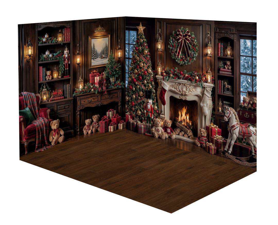 Rocking Horse Christmas Fireplace Room Photography Backdrop (no rug) featuring a classic holiday library with wood bookshelves, glowing fireplace, decorated Christmas tree, dark wood floor, cozy armchair, teddy bears, wrapped gifts, lanterns, and a rocking horse for Christmas portraits.