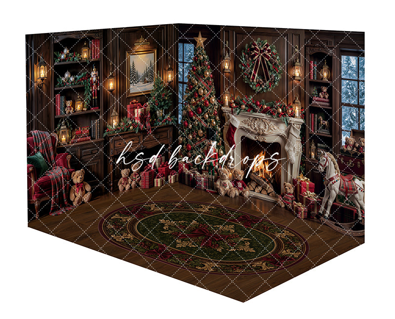 Rocking Horse Christmas Fireplace Room Photography Backdrop featuring a classic holiday library with wood bookshelves, glowing fireplace, decorated Christmas tree, plaid rug, cozy armchair, teddy bears, wrapped gifts, lanterns, and a rocking horse for Christmas portraits.