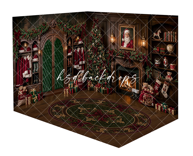 Santa’s Fireside Library Room Photography Backdrop featuring a classic Christmas study with wood cabinetry, glowing fireplace, emerald wardrobe doors, Santa suit details, decorated Christmas tree, bookshelves, wrapped gifts, toys, and holiday rug.