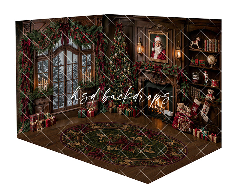 Santa’s Fireside Library Room Photography Backdrop featuring a grand Christmas window, glowing fireplace, decorated tree, Santa portrait, bookshelves, wrapped gifts, teddy bears, stockings, lanterns, and a green holiday rug.