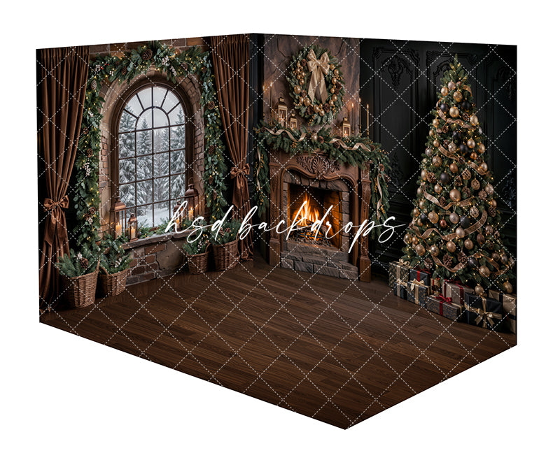 Gilded Evergreen Christmas Fireplace Room Photography Backdrop featuring a glowing fireplace, snowy arched window, brown velvet curtains, decorated Christmas tree, festive garland, gilded wreath, wrapped gifts, and elegant holiday decor for Christmas portraits.