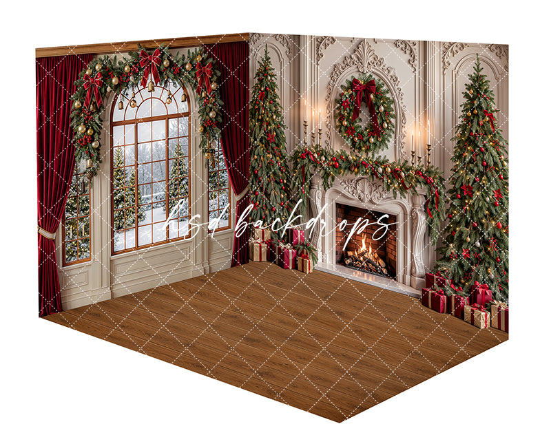 Red Ribbon Christmas Fireplace Room Photography Backdrop featuring red velvet curtains, a grand arched window, ornate fireplace mantel, decorated Christmas trees, festive garland, wrapped gifts, and warm wood flooring for Christmas portraits.