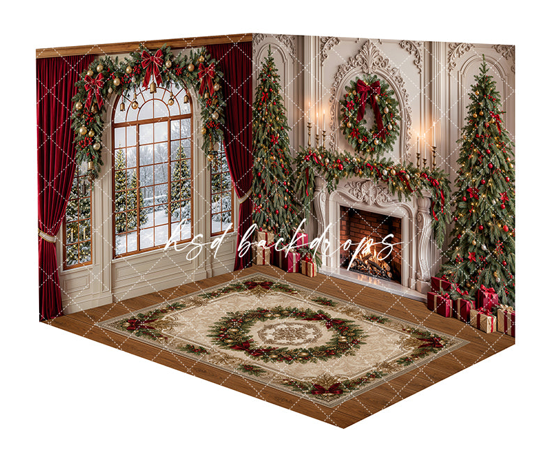 Red Ribbon Christmas Fireplace Room Photography Backdrop featuring red velvet curtains, a grand arched window, ornate fireplace mantel, decorated Christmas trees, festive garland, wrapped gifts, and a red holiday rug for Christmas portraits.