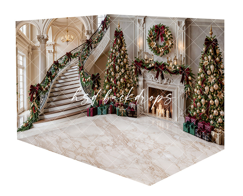 Gilded Poinsettia Christmas Fireplace Room Photography Backdrop featuring a grand staircase, elegant white fireplace, marble-style floor, decorated Christmas trees, festive garland, burgundy ribbons, gold ornaments, wrapped gifts, and candlelight for holiday portraits.