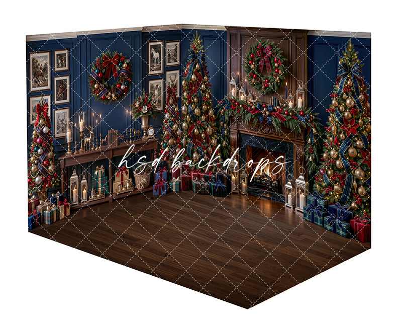Navy Tartan Christmas Fireplace Room Photography Backdrop featuring deep navy paneled walls, glowing fireplace, decorated Christmas trees, tartan ribbon, framed artwork, festive garland, wreaths, lanterns, candles, and wrapped gifts for elegant holiday portraits.