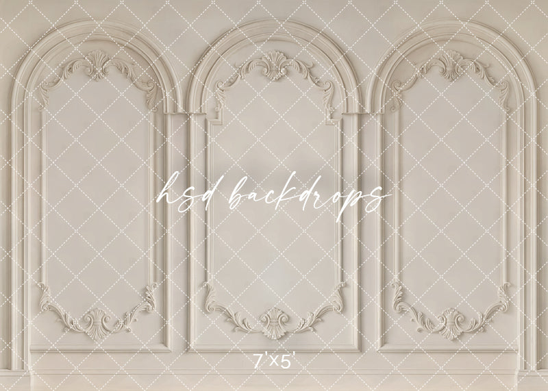 vory Parisian panel photography backdrop with ornate French molding, elegant neutral studio wall design by HSD Backdrops.