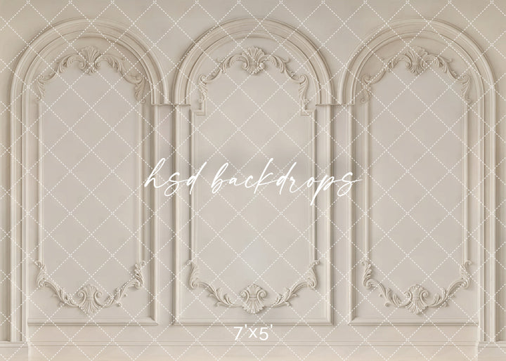 vory Parisian panel photography backdrop with ornate French molding, elegant neutral studio wall design by HSD Backdrops.
