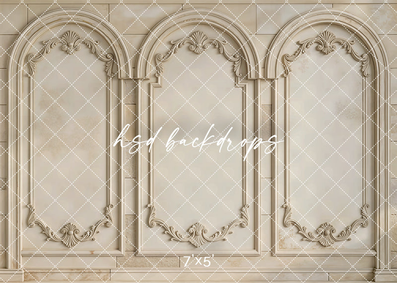 Antique Parisian Panels photography backdrop with ornate arches, neutral plaster textures, and elegant French-inspired wall design by HSD Backdrop