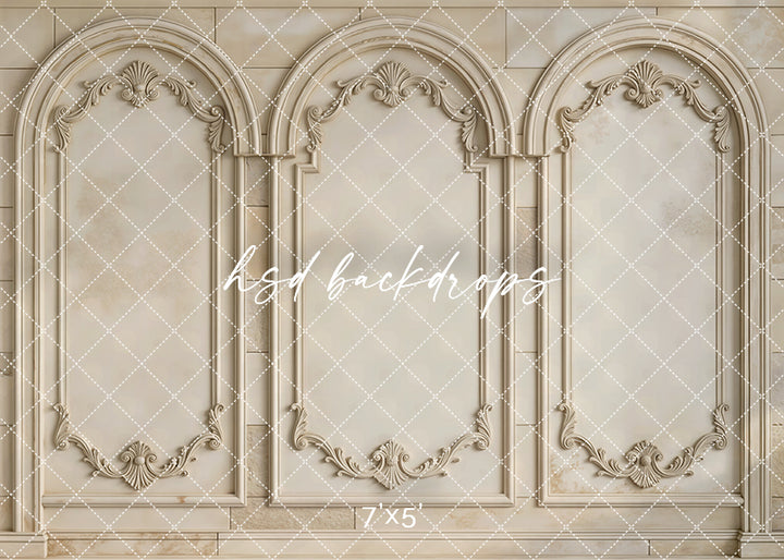 Antique Parisian Panels photography backdrop with ornate arches, neutral plaster textures, and elegant French-inspired wall design by HSD Backdrop