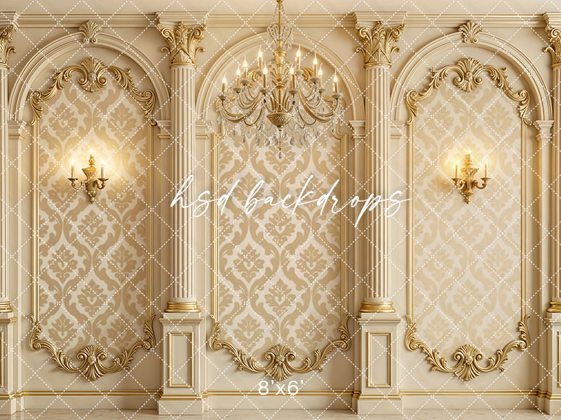 Golden Baroque Estate Photography Backdrop – Luxe Ornate Wall Design | HSD Backdrops