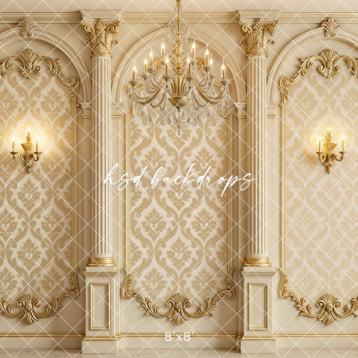 Golden Baroque Estate Photography Backdrop – Luxe Ornate Wall Design | HSD Backdrops