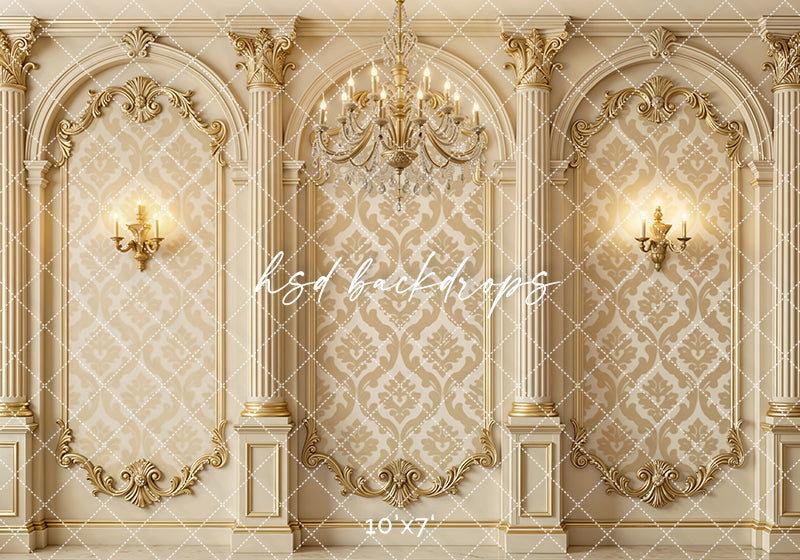 Golden Baroque Estate Photography Backdrop – Luxe Ornate Wall Design | HSD Backdrops (Flipped)