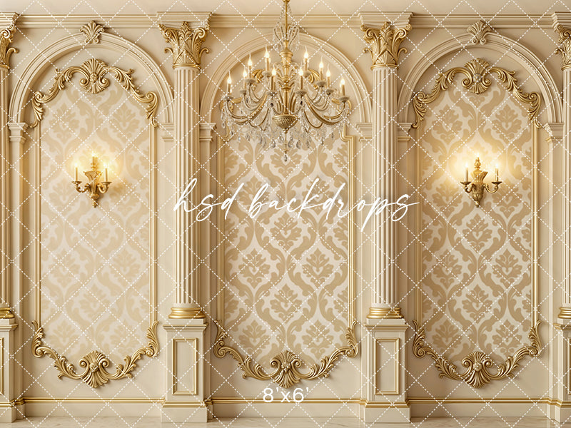 Golden Baroque Estate Photography Backdrop – Luxe Ornate Wall Design | HSD Backdrops (Flipped)